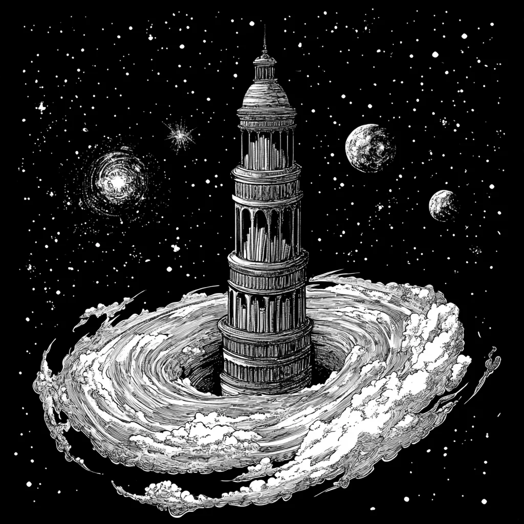 A grand cosmic tower with swirling clouds and star-filled sky